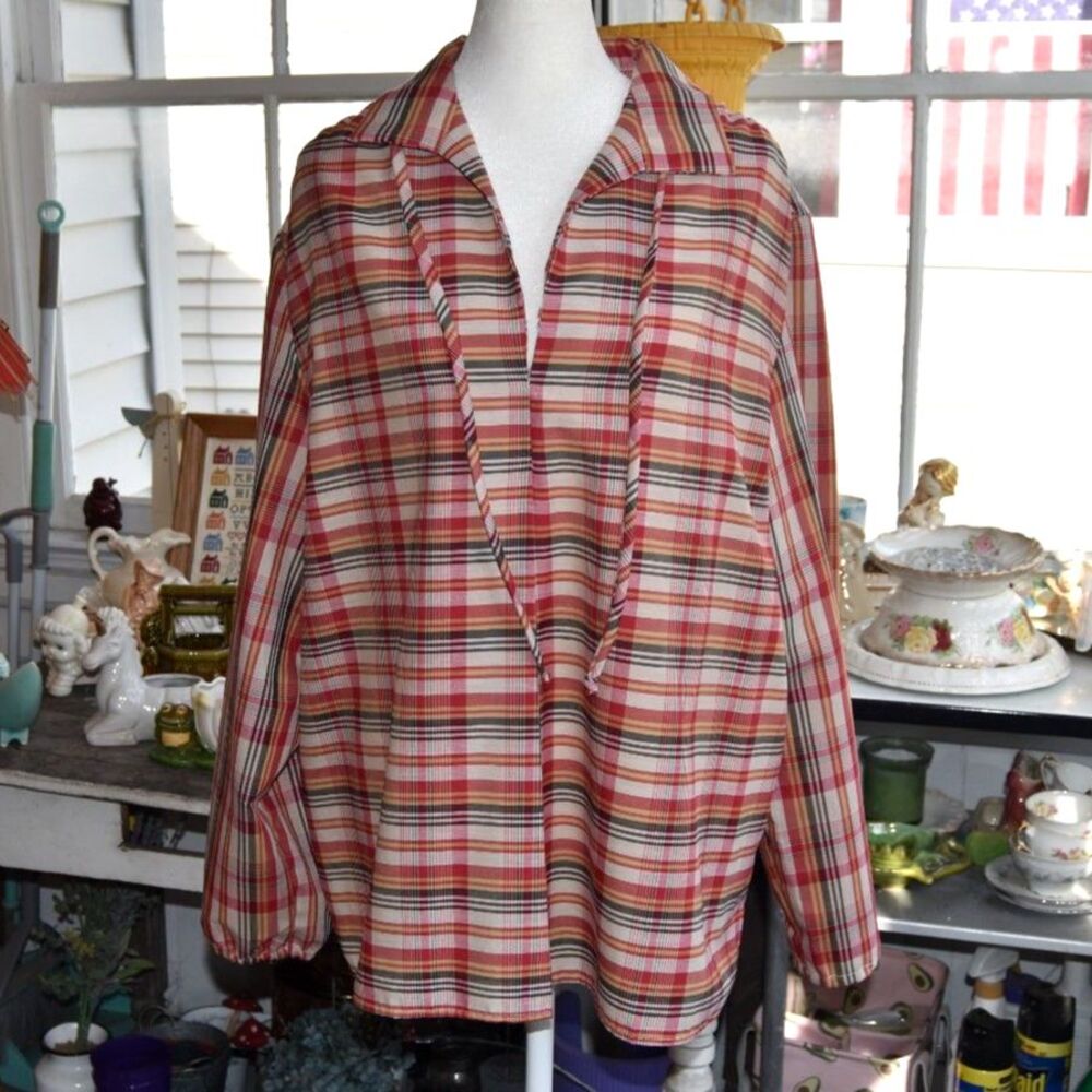 Vintage 80s Plaid Peasant Blouse XL XXL Tie Neck Boho Cottagecore Shirt